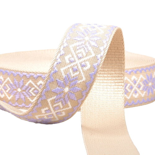 Sangle fleurs ethnique 38mm parme/beige au mètre