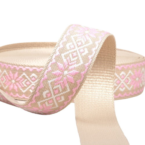 Sangle fleurs ethnique 38mm rose/beige au mètre