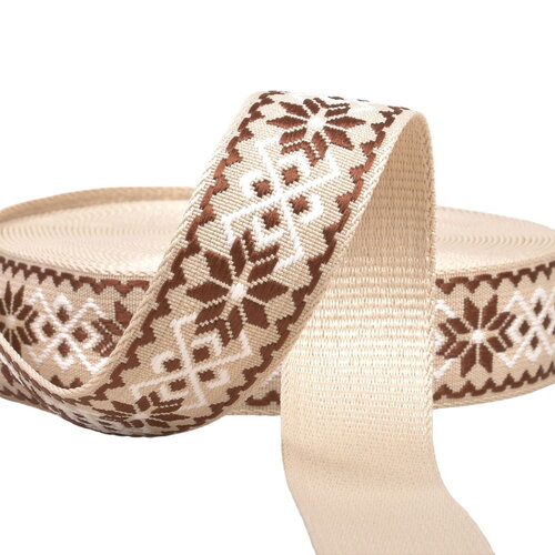 Sangle fleurs ethnique 38mm marron/beige au mètre