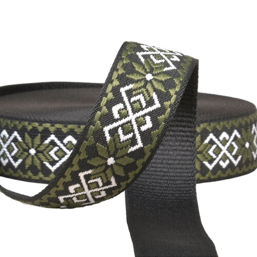 Sangle fleurs ethnique 38mm marron/noir au mètre