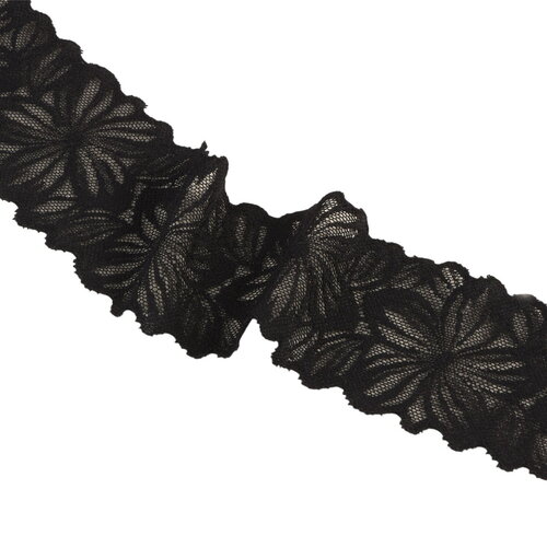 Bobine 15m dentelle élastique fleurs 57mm noir