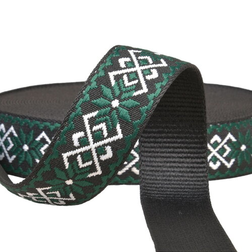 Bobine 14,5m sangle fleurs ethnique 38mm vert/noir