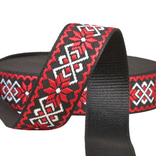 Bobine 14,5m sangle fleurs ethnique 38mm rouge/noir