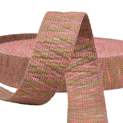 Bobine 14,5m sangle ethnique 38mm beige/rose