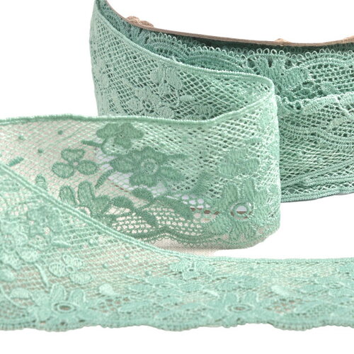Bobine 13,7m dentelle fleurs 50mm vert kaki clair