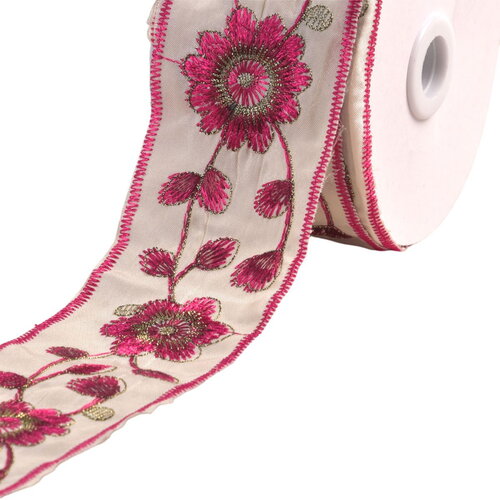 Bobine 10m galon brodé fleurs et feuilles 58mm fuchsia