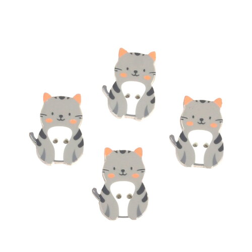 Lot de 6 boutons chat 2 trous chat gris tigré en bois 27mm