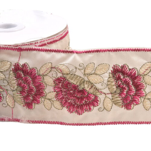 Galon brodé fleurs et feuilles 60mm fuchsia au mètre