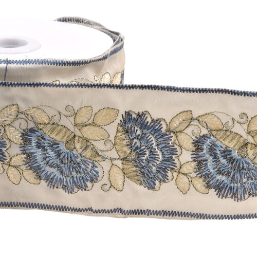 Galon brodé fleurs et feuilles 60mm bleu lavande au mètre