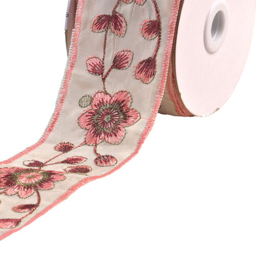 Galon brodé fleurs et feuilles 58mm saumon au mètre