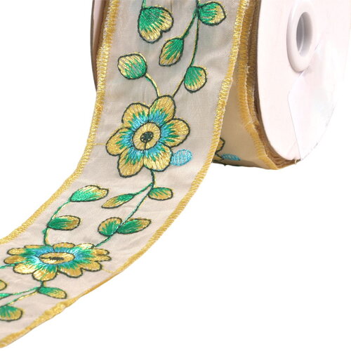 Galon brodé fleurs et feuilles 58mm jaune citron au mètre