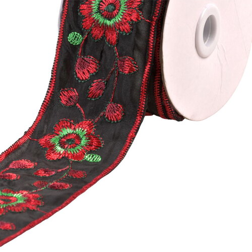 Galon brodé fleurs et feuilles 58mm noir au mètre