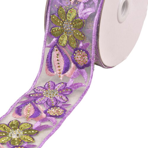 Galon brodé fleurs 55mm violet foncé au mètre