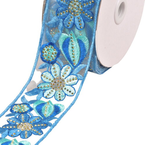 Galon brodé fleurs 55mm blanc/bleu au mètre