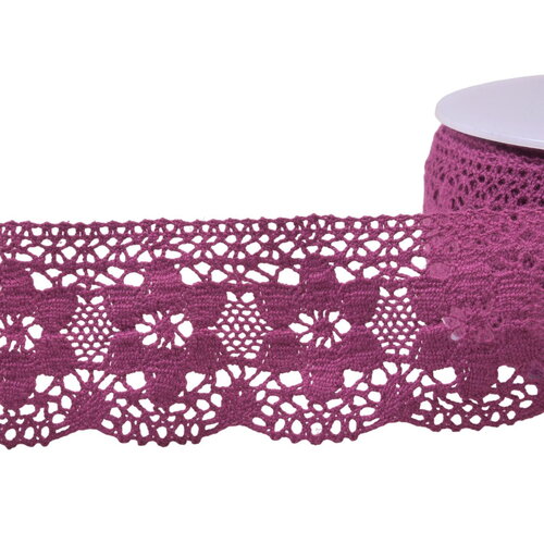 Bobine 20m dentelle coton fleurs 45mm violet