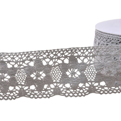 Bobine 20m dentelle coton fleurs 45mm gris clair