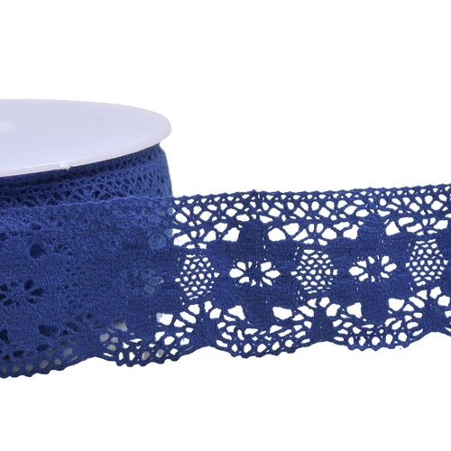 Bobine 20m dentelle coton fleurs 45mm bleu roi