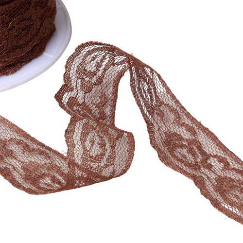 Bobine 20m dentelle rachel roses 28mm marron chocolat