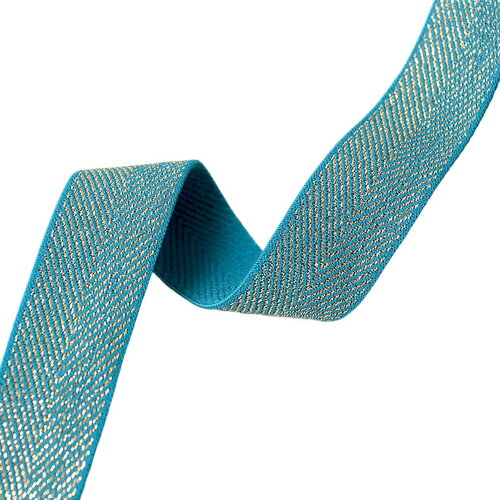 Bobine 20m élastique chevrons métalliques 32mm bleu canard