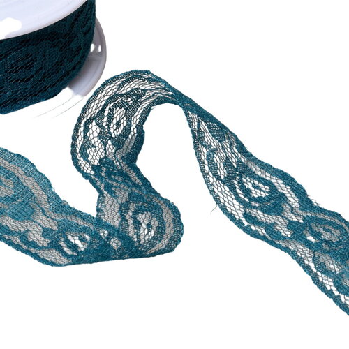 Dentelle rachel roses 28mm bleu pétrole au mètre