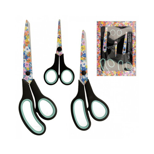 Lot de 3 ciseaux professionnels fleurs bleues