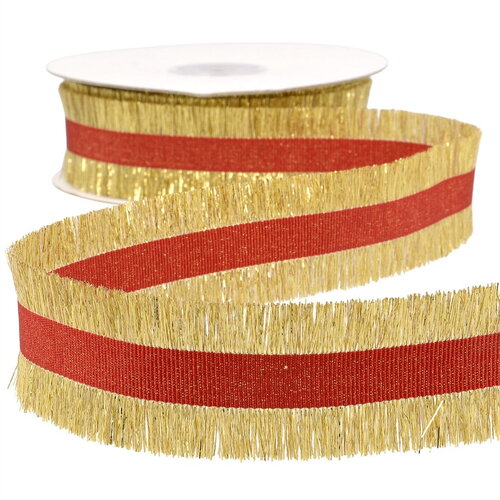 Galon frangette 33mm or  rouge au mètre
