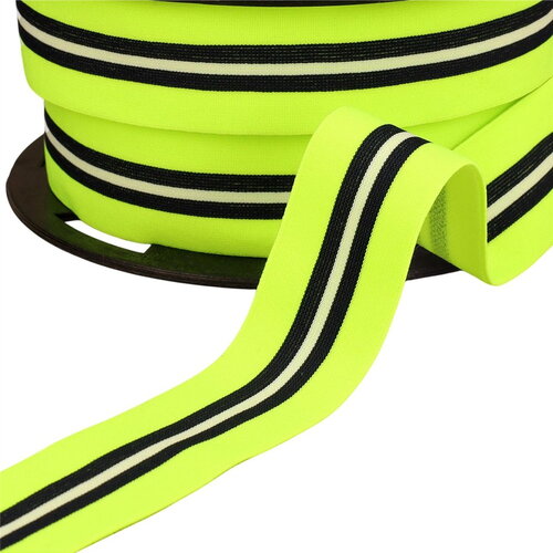 Elastique bicolore avec liseret central 32mm jaune fluo au mètre