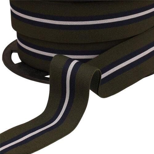 Elastique bicolore avec liseret central 32mm kaki au mètre
