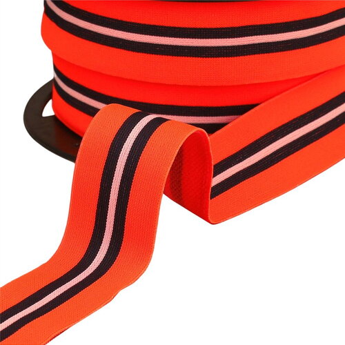 Bobine 20m élastique bicolore avec liseret central 32mm orange fluo