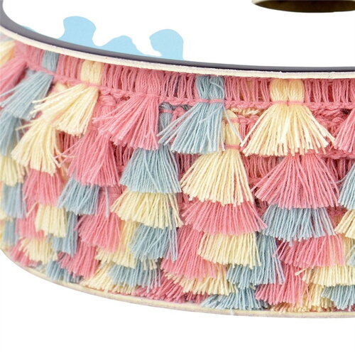 Bobine 25m frange pompons multicolore 15mm fuchsia