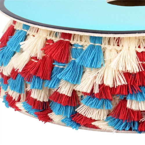 Bobine 25m frange pompons multicolore 15mm écru