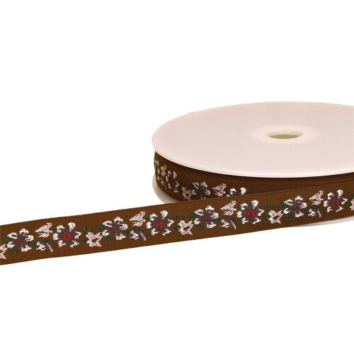 Bobine 22m galon jacquard fleurs 20mm marron