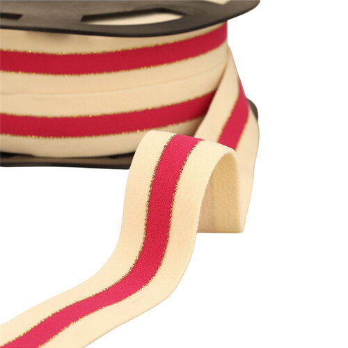 Elastique bicolore lisières or et argent 32mm écru/fuchsia/or au mètre