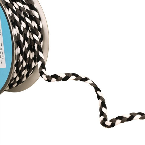 Tresse tricolore 3 brins 7mm noir blanc au mètre