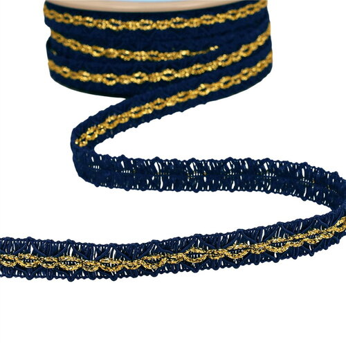 Galon losanges avec surpiqûres or 18mm bleu marine au mètre
