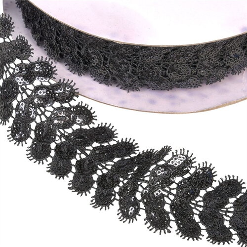 Galon brodé paillettes 40mm noir au mètre
