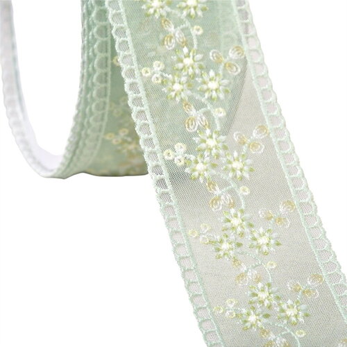 Galon brodé fleurs 45mm vert nil au mètre