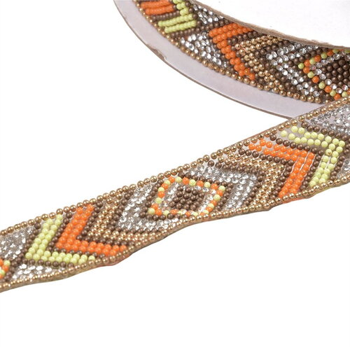 Galon perles ethnique thermocollant 25mm orange au mètre