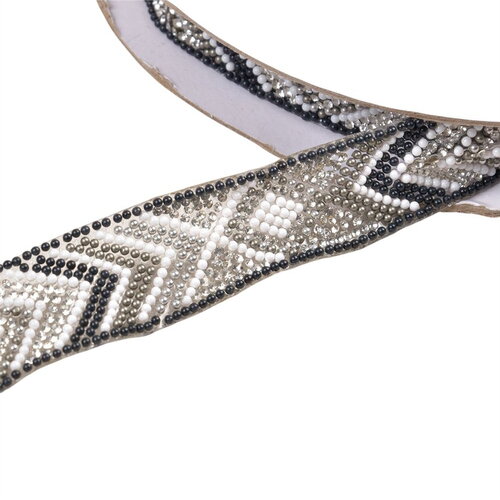 Galon perles ethnique thermocollant 25mm gris clair au mètre