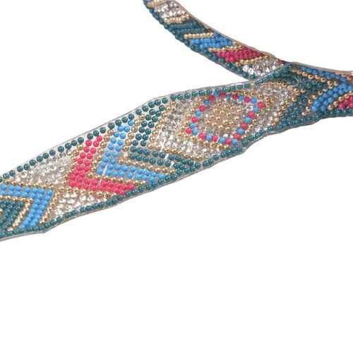 Galon perles ethnique thermocollant 25mm bleu roi au mètre