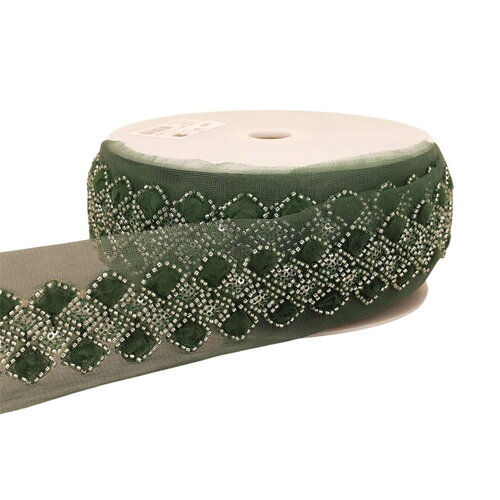 Galon brodé paillettes 75mm vert kaki au mètre
