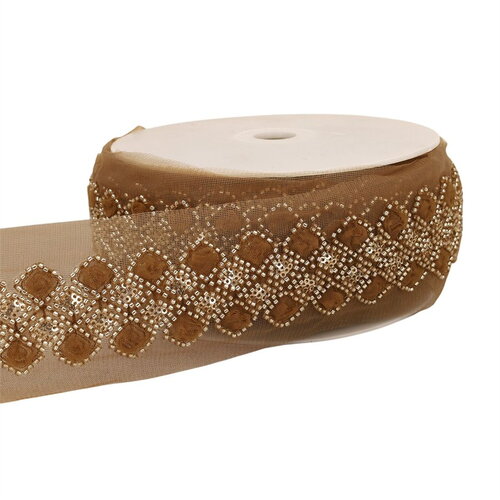 Galon brodé paillettes 75mm marron chocolat au mètre