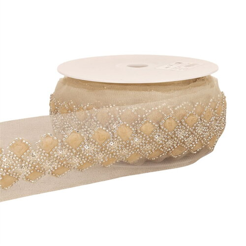 Galon brodé paillettes 75mm beige au mètre
