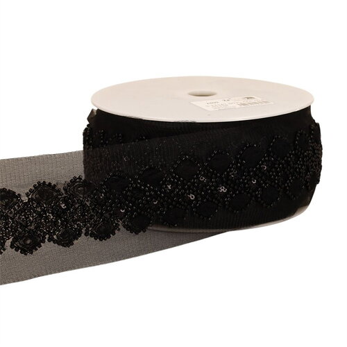 Galon brodé paillettes 75mm noir au mètre