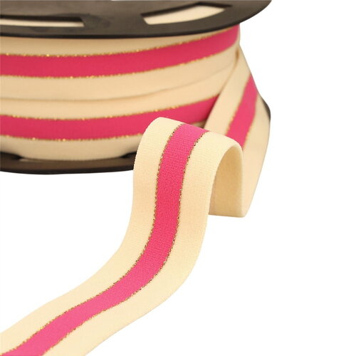 Bobine 20m élastique bicolore lisières or et argent 32mm écru/rose/or