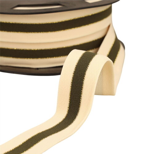 Bobine 20m élastique bicolore lisières or et argent 32mm écru/kaki/or