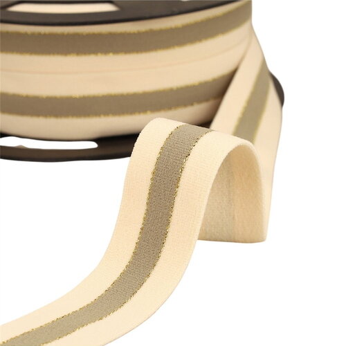 Bobine 20m élastique bicolore lisières or et argent 32mm écru/beige/or