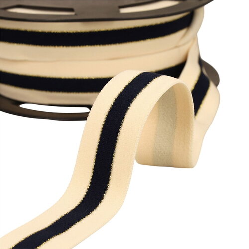 Bobine 20m élastique bicolore lisières or et argent 32mm écru/marine/or