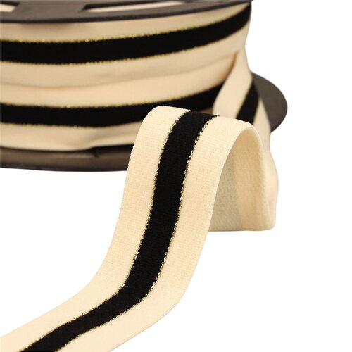Bobine 20m élastique bicolore lisières or et argent 32mm écru/noir/or