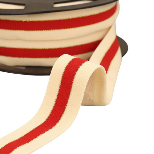Bobine 20m élastique bicolore lisières or et argent 32mm écru/rouge/or